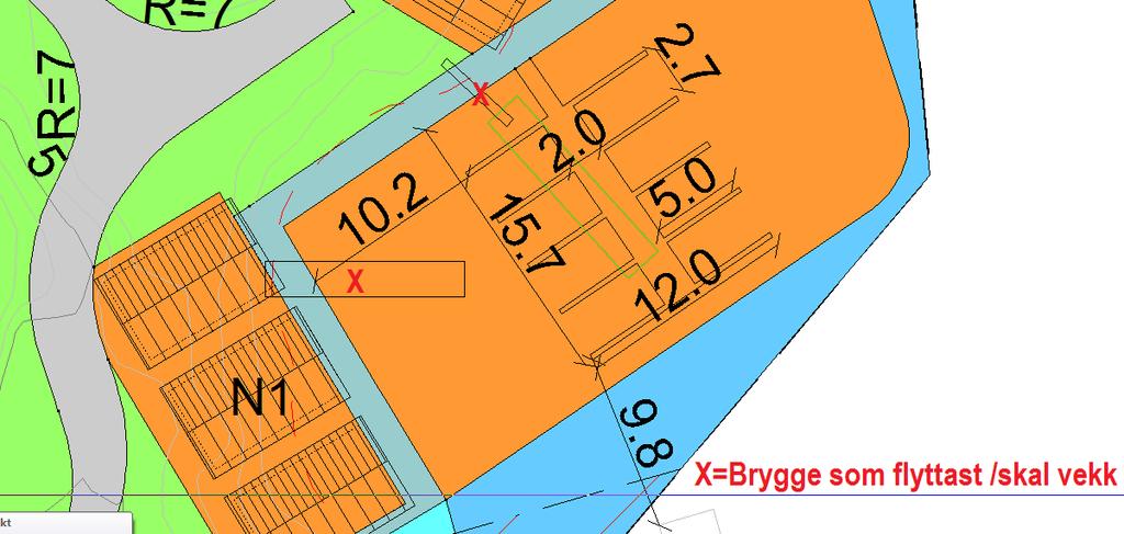 oppankring. 3.2.10 Fortøyingane til flytebryggjene er ikkje avgrensa til plangrensa. Figur 2: Skisse over flytebrygge ved N1.