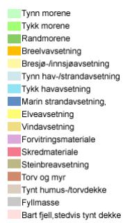 Kvartærgeologisk kart (løsmassekart) som viser fordelingen av løsmassetyper i prosjektområdet (ngu.no). Blå firkant viser prosjektområdet.