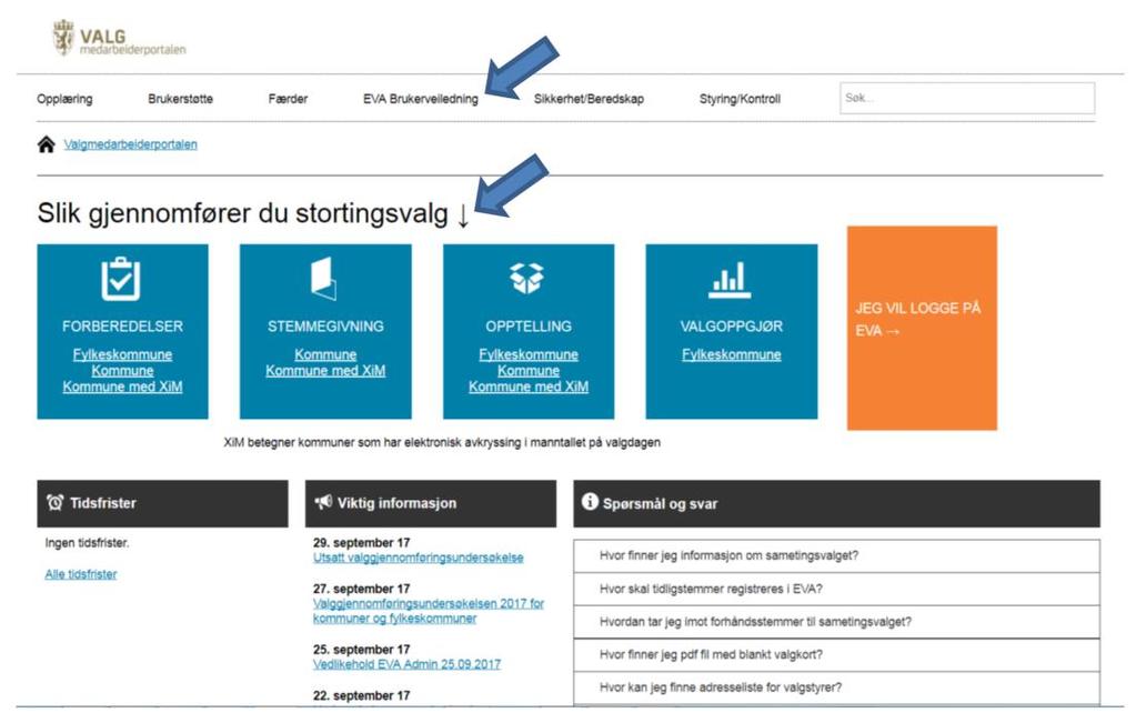 Figur 6-2: Skjermbilde fra Valgmedarbeiderportalen 2017. Kilde: Valg.no / Ideas2Evidence. De blå pilene er ikke del av forsiden, men er satt inn av Ideas2Evidence ifm.