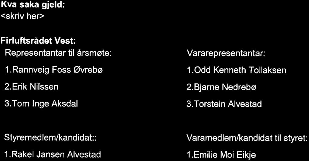 Kva saka gjeld: <skriv her> Firluftsrådet Vest: Representantar til årsmøte: 1.Rannveig Foss Øvrebø 2.Erik Nilssen 3.Tom Inge Aksdal Vararepresentantar: 1.0dd Kenneth Tollaksen 2.