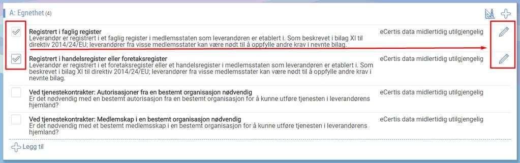 Ved å huke av for hvilket krav du stiller, får du mulighet til å konkretisere minimumskrav og dokumentasjonskrav i vinduet som dukker opp når du klikker på redigere til høyre (bildet over).