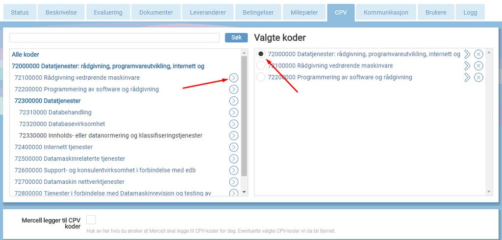 CPV-kode velges ved å markere radioknappen ut for primær kode.