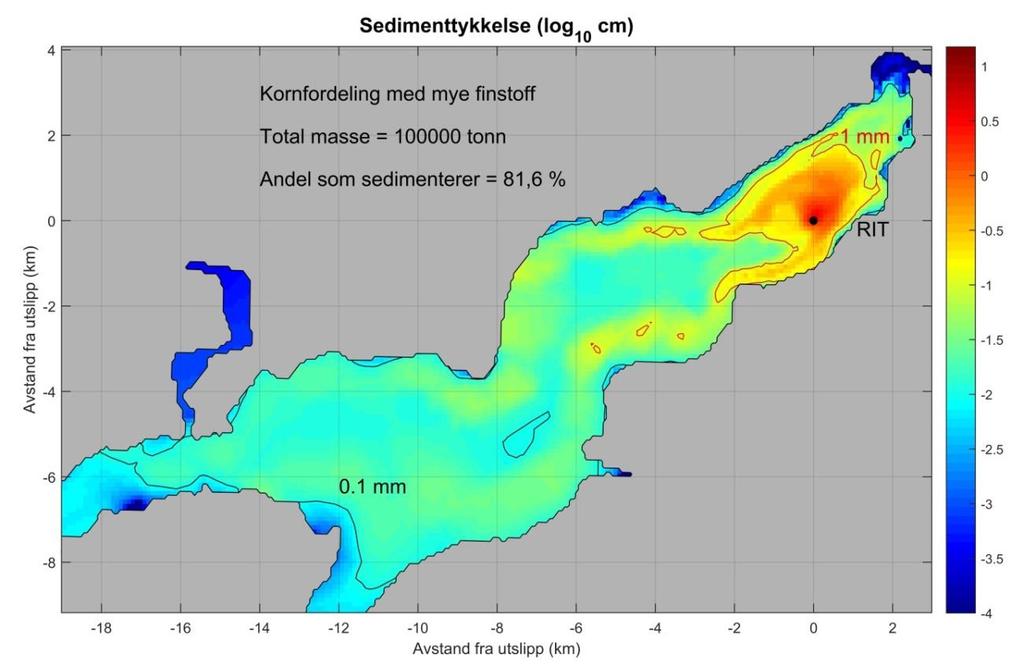 Konturlinjene for en sedimenttykkelse på 1 mm (rød linje) og 0,1 mm (svart linje) er tegnet opp. Figur 7.