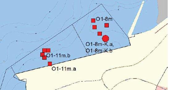 16 Vedlegg 3. Oversikt over plassering av stasjoner for prøvetaking av sediment. A. Undersøkelser utført av Rambøll 2015 Firkanter viser overflateprøver.