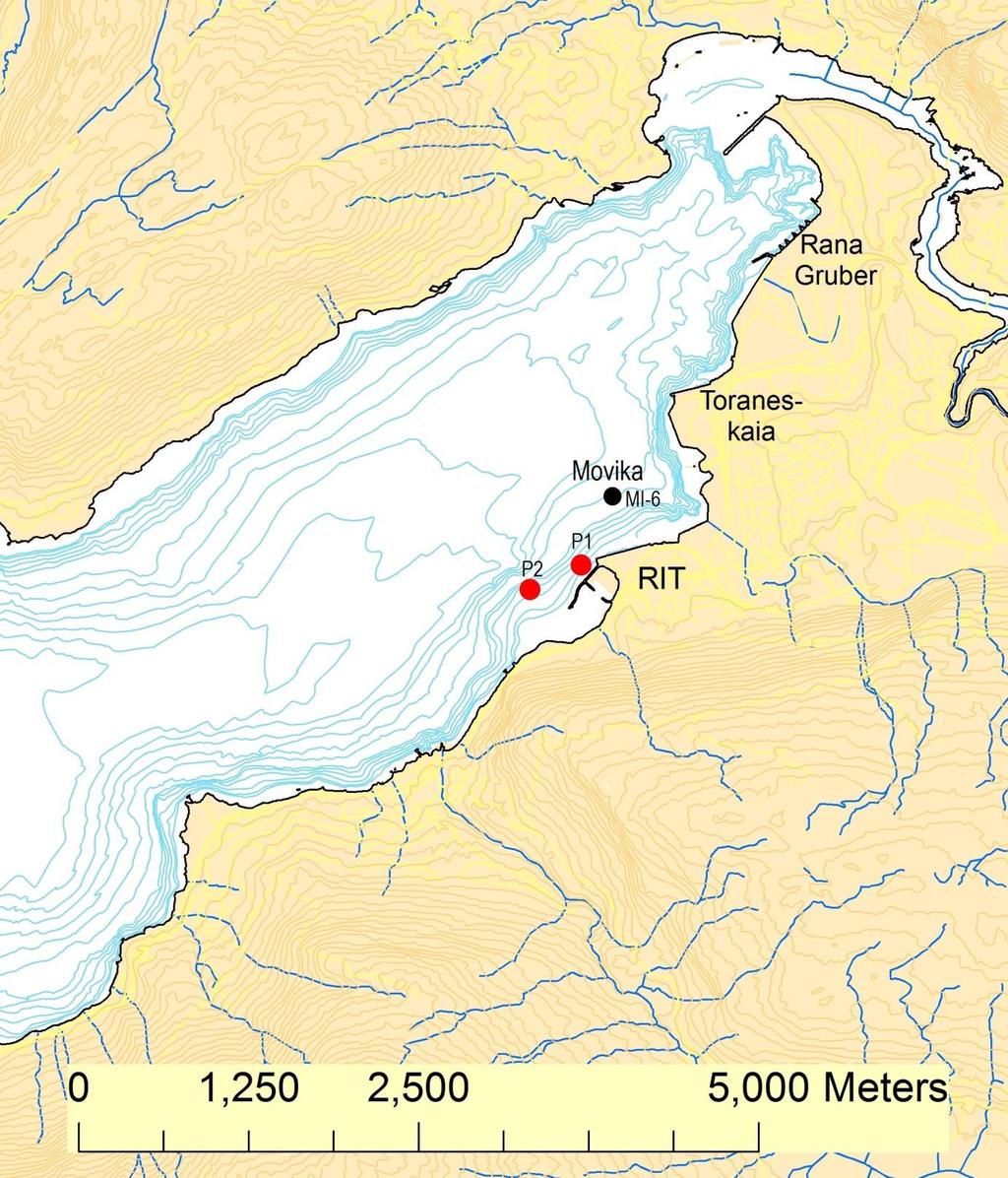 NIVA 6906-2015 Figur 1. Kart over innerste del av Ranfjorden hvor Ranelva renner ut. Dybdekoter er tegnet med blå strek og høydekoter med brun strek.