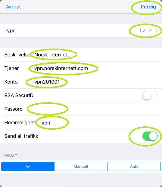 5. Type skal være «L2TP», dette velger du ved å trykke på teksten, det kommer opp en liste i et nytt vindu og der velger du «L2TP» også trykker du på «tilbake» for å komme tilbake til dette