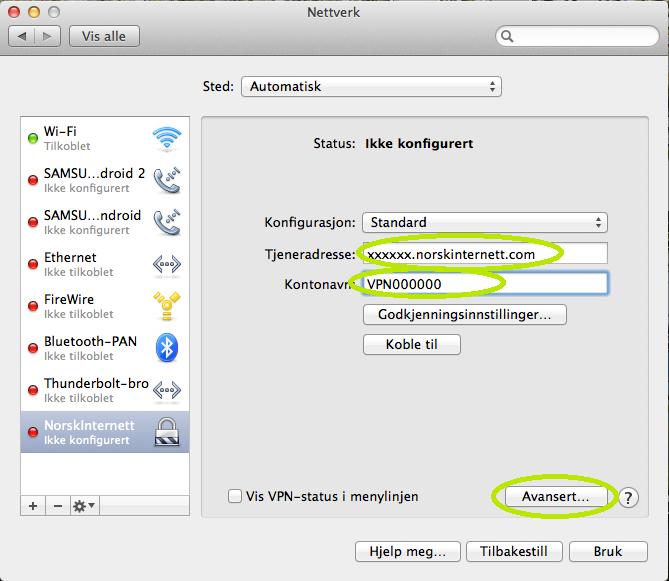 5. I feltet «Tjeneradresse» skriver du «vpn.norskinternett.com». 6.