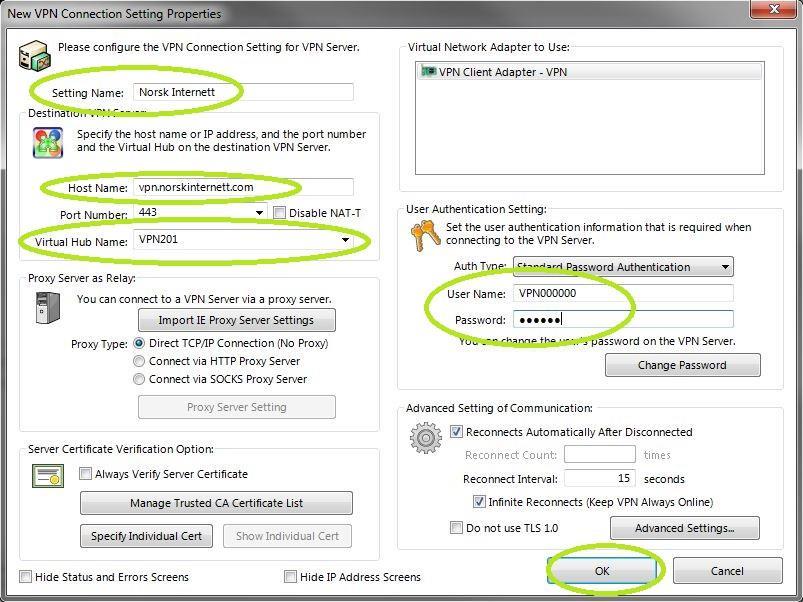 11. I feltet «Setting Name» skriv inn «Norsk Internett». 12. I feltet «Host name» skriv inn «vpn.norskinternett.com». (Enkelte får feilmelding ved oppkobling, error 13, da kan en benytte «vpn04.