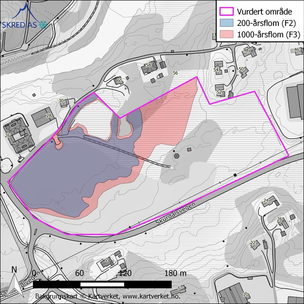 Figur 7: Faresoner for flom i tilknytning til vurdert område (hentet fra flomfarevurderingen utført av Skred AS).