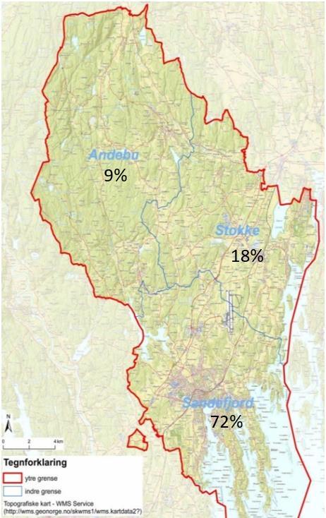 3.3 Sandefjord Figur 3.5 Kart med prosentandeler innbyggere, gamle Andebu, Stokke og Sandefjord kommuner Nye Sandefjord kommune ble etablert i 2017.