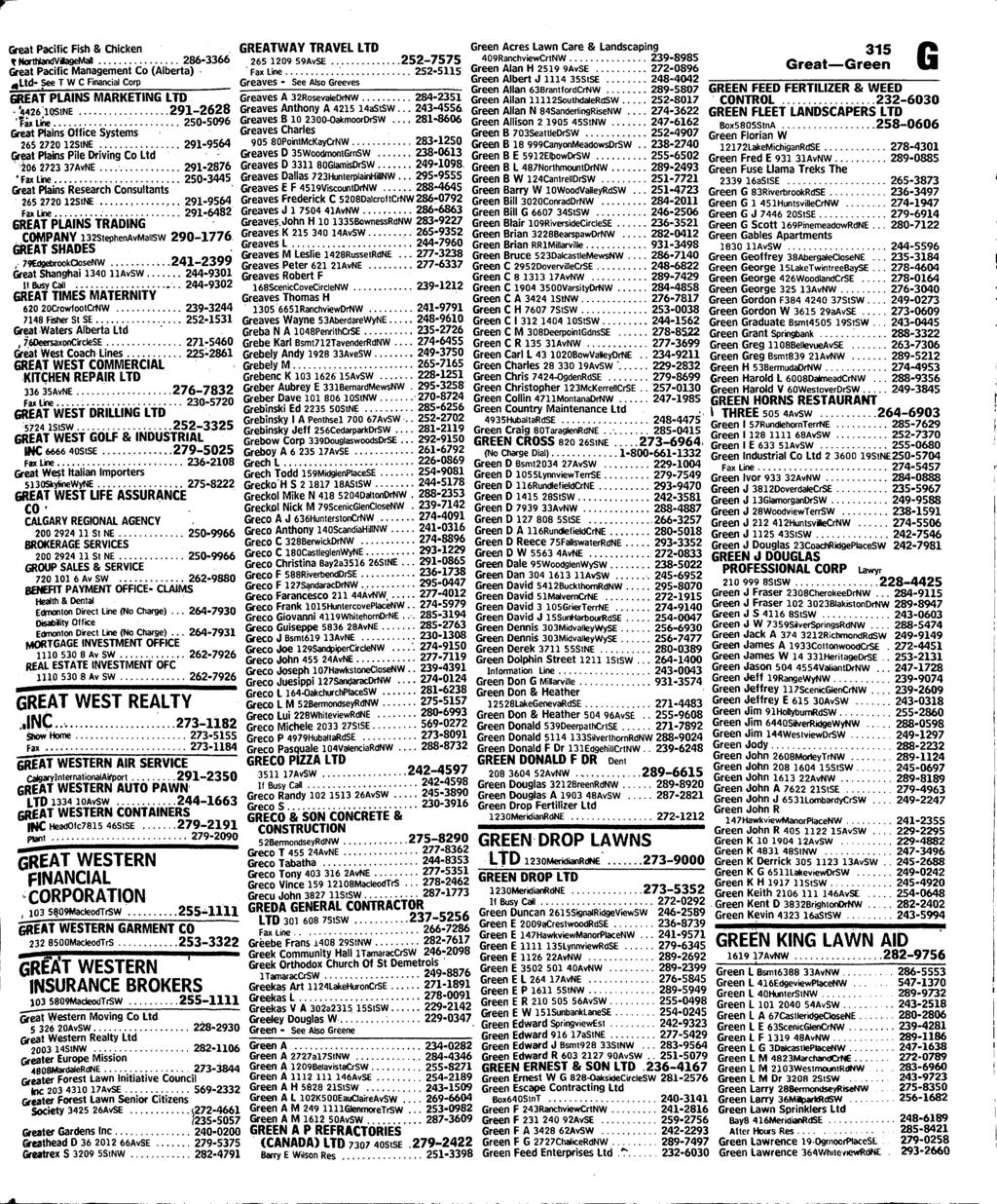 Great Pacific Rsh & Chicken * NorlWandVilageMall 286-3366 Great Pacific f^anagement Co (Alberta) <iltd- See T W C Financial Corp GREATWAY TRAVEL LTD 265 1209 59AvSE.