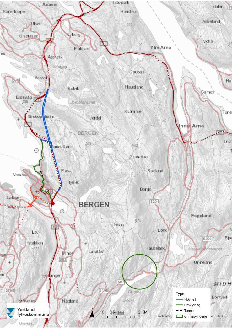 E39 Fløyfjellstunnelen - utviding Grunna bygging av bybanen vert Fløyfjellstunnelen lengja til Eidsvåg Fløyfjellstunnelen skal utbetrast Omfattande stengingsregime Prfilen i tunnelen tillet ikkje