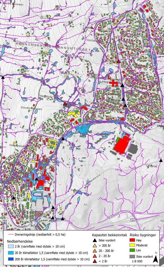 3.5. Tranby I Tranby er det et større vassdrag i nord som går gjennom flere lukkinger med dårlig kapasitet. Det er flere mindre avrenningslinjer/flomveier som går gjennom bebyggelsen.