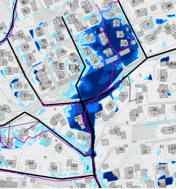 6.1 Eikenga Eikengveien 35 Stort flatt område hvor det samles en del avrenning på parkeringsplass/grøntområde. Er flere sluk som kan ta unna en del vann.