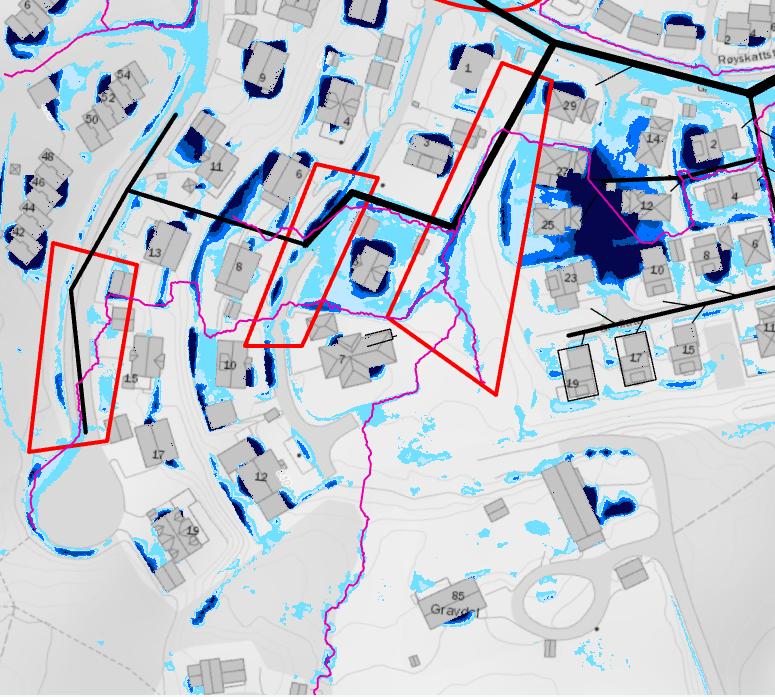 8.1 Ovenstadlia Gravdalberget Flomvei går inn i bebyggelsen og vann samles i lavpunkter.