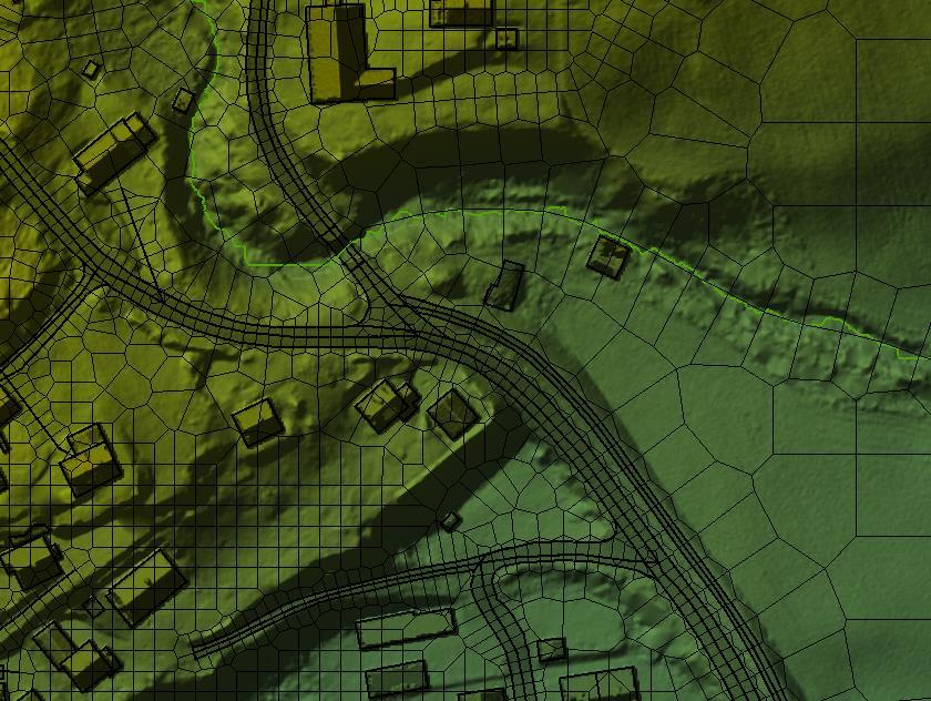 Figur 2. Modelloppsett med ulik cellestørrelse og orientering på cellene langs vei og i bekkeløp. Avrenningslinje i eksisterende bekkeløp er vist i lysegrønt. 2.4.