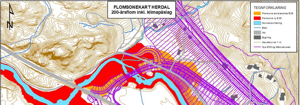 Ved kryssløsningen ved Herdal er store deler av tiltaket planlagt utenfor aktsomhetsområde for flom. Avkjørselen til nye E39 ligger under aktsomhetsområde for flom (se figur 4).