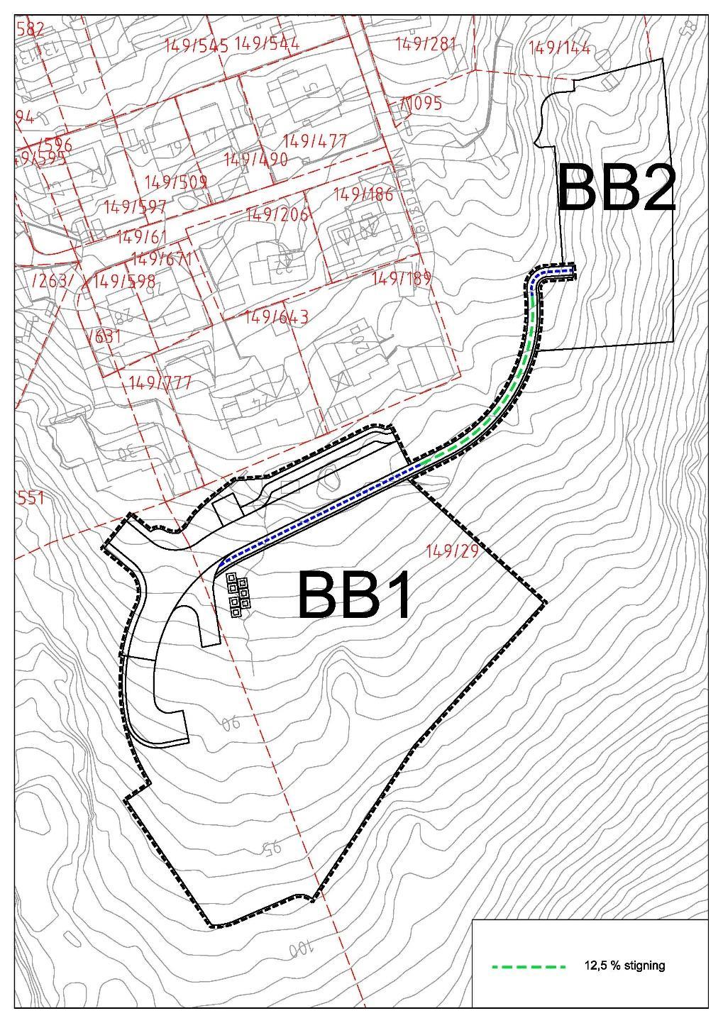 Figur 22: Illustrasjon som viser adkomst mellom BB2 og renovasjonsområdet. Grønn stipla linje viser partiet som har 12,5 % stigning.