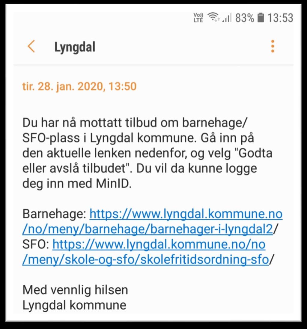 Søker får en SMS med beskjed om å logge inn og bekrefte plass.