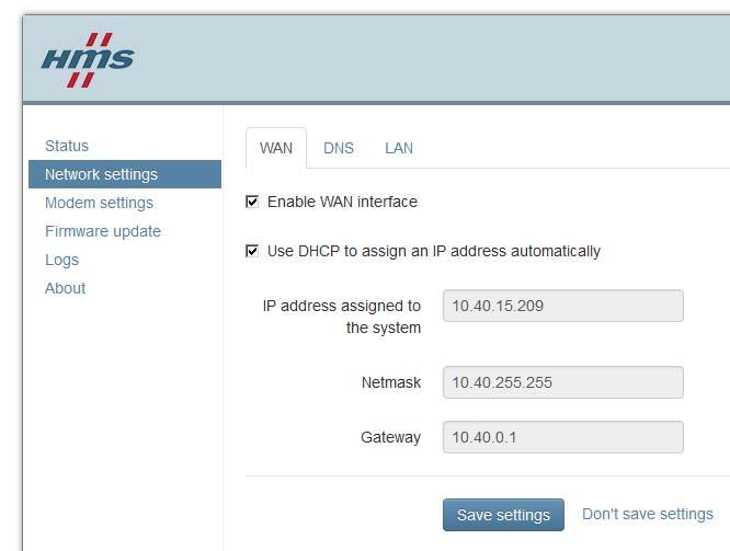 3 Network Settings( ネットワークの設定 ) この設定は ユニット下部の RJ-45 WAN/LAN ポート経由の接続に適用されます WAN 有線イーサネット接続にて Netbiter EasyConnect EC310/350 を Netbiter Argos に接続する場合 このインターフェースを有効にして使用します DHCP