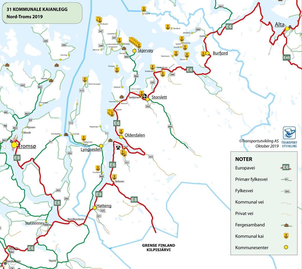 HAVNESAMARBEIDSPROSJEKT: «STYRKET SAMARBEID MELLOM HAVNENE I NORD-TROMS» Figur 2-2: 31 kommunale kaier i Nord-Troms, oktober 2019 Vi nevner følgende for de enkelte kommuner: Storfjord kommune har en