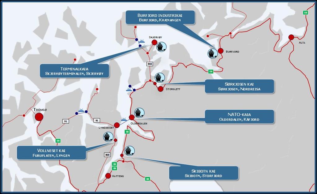 NOVEMBER 2019 30 KOMMUNALE KAIANLEGG MIDT I DEN NYE REGIONEN TROMS OG FINNMARK HAVNENE I NORD-TROMS LIGGER I DE SEKS KOMMUNENE KVÆNANGEN, NORDREISA, SKJERVØY, KÅFJORD, LYNGEN OG STORFJORD REGIONEN