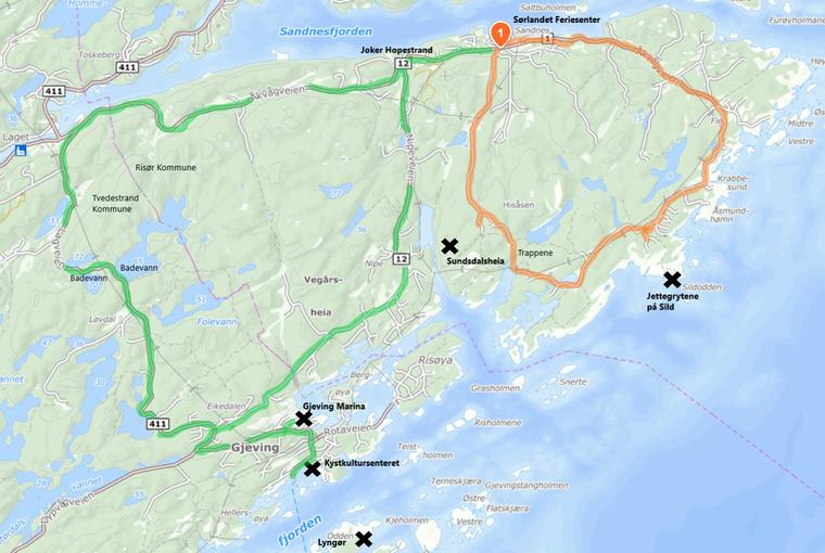 Etter en opplevelse av en ferjetur tar dere til venstre mot Søndeled på RV351. På Søndeled kan man kjøpe is eller noe å drikke. Etter dette tettstedet fortsetter dere sørover på RV 418.