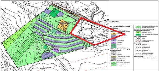 Avgrensning og størrelse på planområdet Planområdet avgrenses av fjellkant mot sørvest, eiendomsgrense mot vest-nordvest og avgrensning mot nordøst og sørøst følger E6/E8 (nordøst) og eiendomsgrense