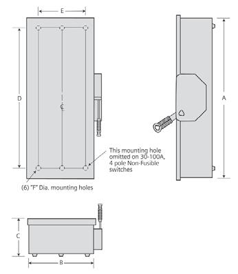 & 6-Pole Safety Dimensions Inches (mm) Enclosure Mounting A B C D E F Figure 1, -Pole Fusible and Non-fusible, Type 1 HNF61 2.50 (622) 9.53 (22) 6.09 (155) 19.00 (83) 6.75 (171) 0.268 (7) HF61 29.