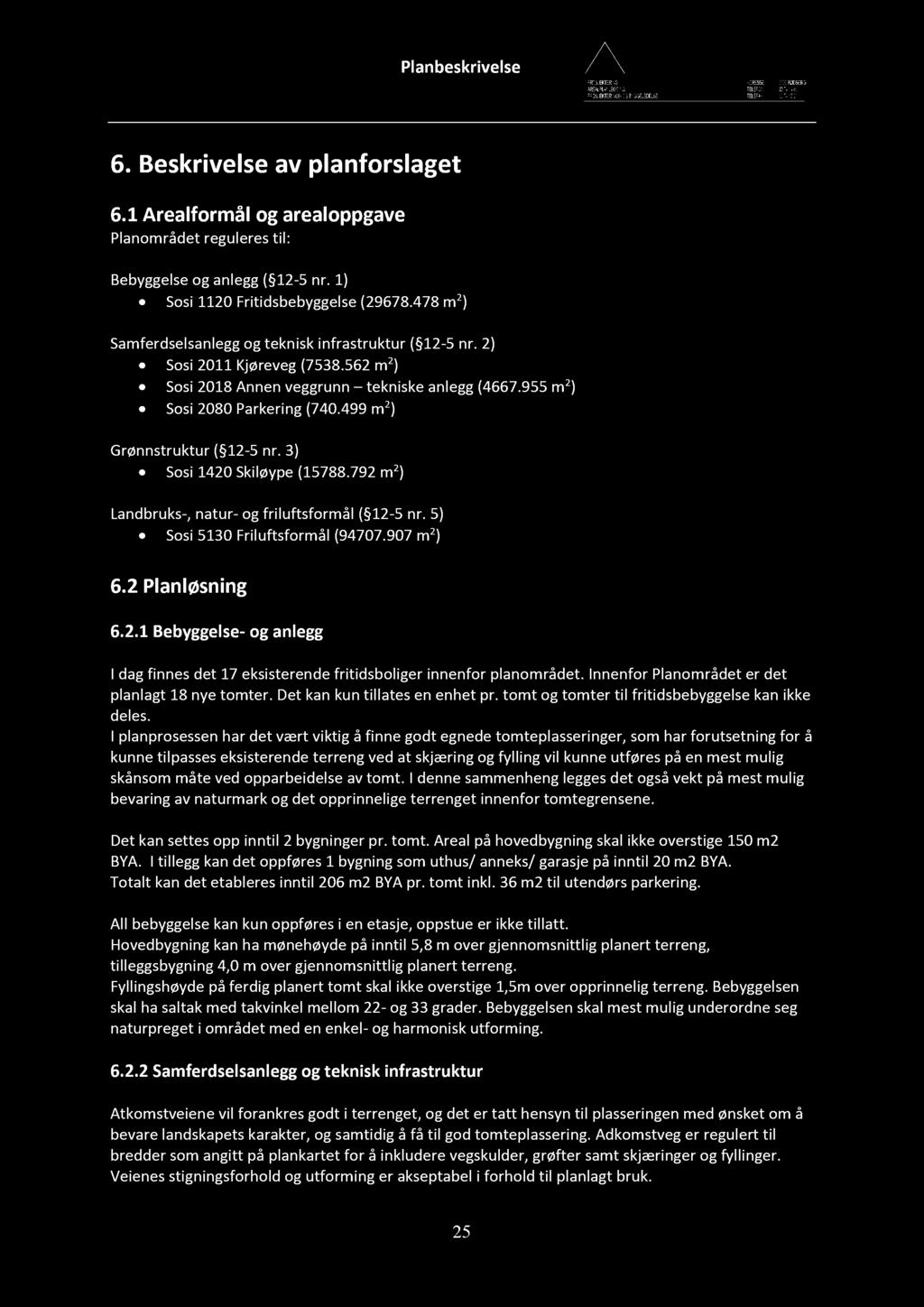 6. Beskrivelse av planforslaget 6.1 Arealformål og arealoppgave Planområdet reguleres til: Bebyggelse og anlegg ( 12-5 nr. 1) Sosi 1120 Fritidsbebyggelse ( 29678.