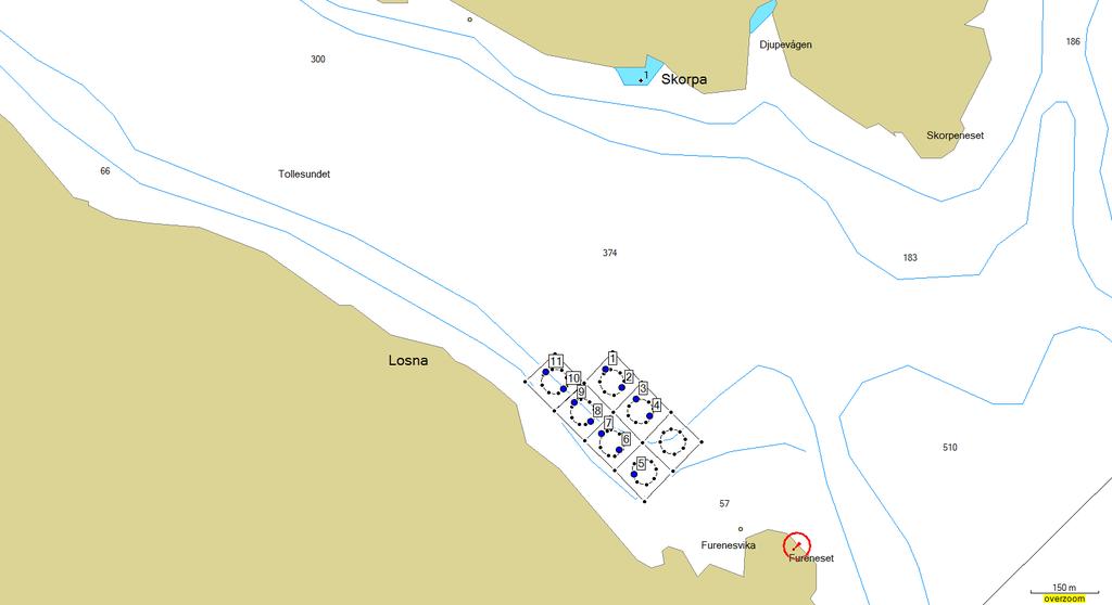 Vedlegg 3 Elektronisk sjøkart (Garmin) som syner anlegget og tilstand ved dei ulike prøvestasjonane samt utsnitt av eit større kart som syner plassering av lokalitet i forhold til Sogn og Fjordane.