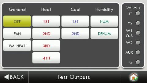 Main Menu Buttons - Settings Installation Settings (Continued) Aux In Use Test Outputs The installer or service technician can use this feature to test the functions without any time delays of the