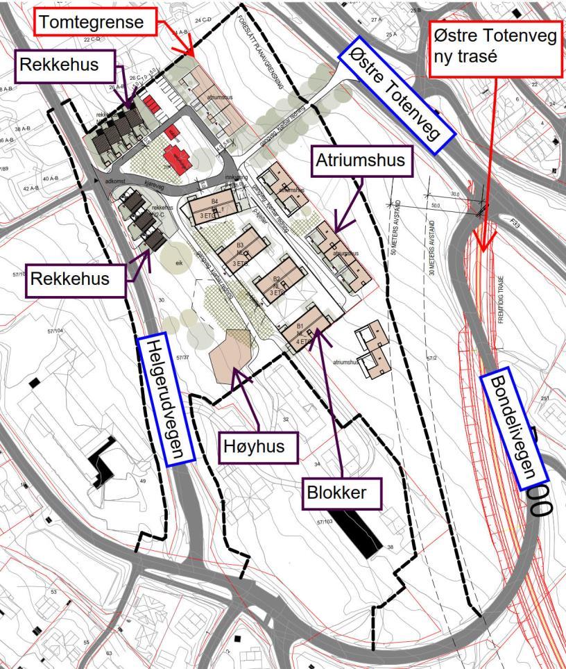 2 Situasjon Planen omfatter ca. 10 atriumshus, 2 rekkehus, 4 blokker (B1-4) og 1 høyhus, med parkeringskjeller under blokkene. Tidligfase situasjonsplan datert 02.01.