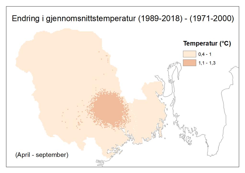 Figur 8c. Temperaturavvik fra perioden 1971 2000 for 1989 2018. 8d.