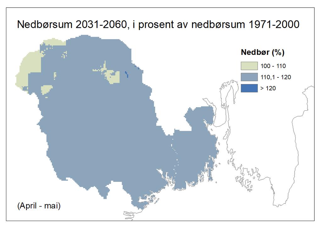 De samme geografiske mønstrene finnes igjen i observasjonene for perioden 1989 2018 (figur 14b). Nedbøren har stort sett økt noe fram til den siste 30-årsperioden (figur 14c).