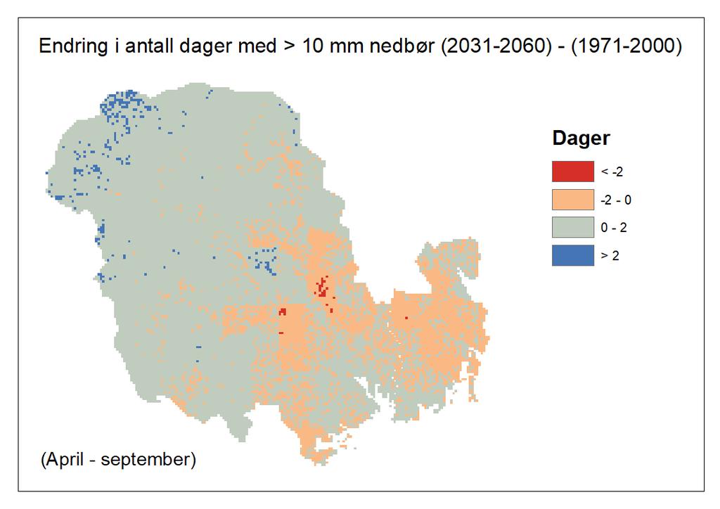 20d. Beregnet endring i antall våte dager i sommerhalvåret for perioden 2031 2060 sammenlignet med 1971 2000.