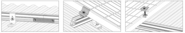 Ved montering av panelene med lengste retning i takets lengde behøves kun to skinner under hver panelstreng. Kontrollmål taket før oppstart. Første panel monteres 20 mm inn på første skinne.