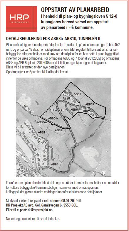 3 PLANPROSESSEN 3.1 MEDVIRKNING I PLANPROSESSEN Det ble utarbeidet et planinitiativ som ble oversendt til kommunen 02.11.18 med anmodning om oppstartmøte. Oppstartmøte ble holdt 07.11.2018. 3.2 KUNNGJØRING AV OPPSTART MED PLANARBEID Planarbeidet ble kunngjort med annonse i Hallingdølen 08.