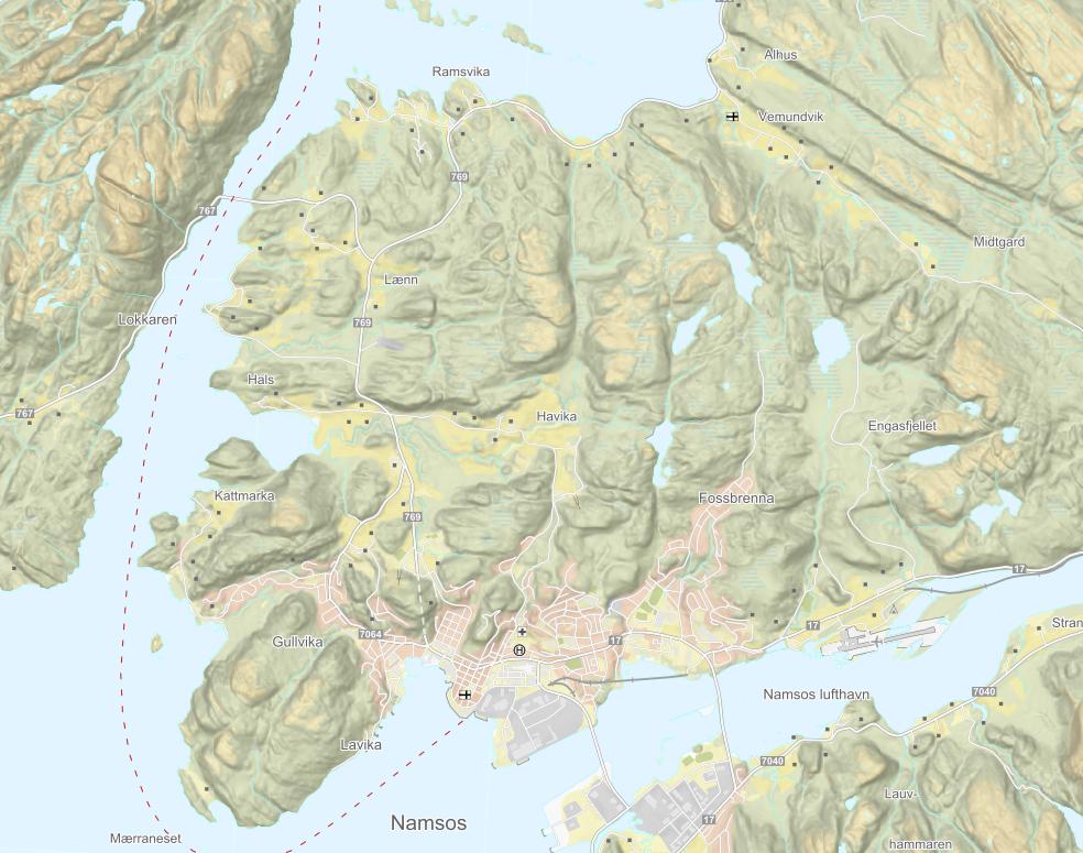 Side 6 av 6 Figur 1: Oversiktskart hvor vi ser Namsos lufthavn, Namsos sentrum og planområdet Ramsvika helt nord i kartet med rød markering. Ramsvika ligger ca.