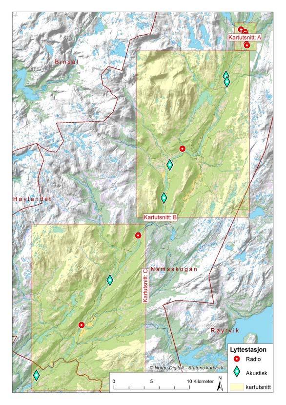 Figur 7. Undersøkelsesområde for merkestudier av småblank i Namsenvassdraget i perioden 2014-2017. Kartutsnitt A: Snåsamoen og Mellingselva.