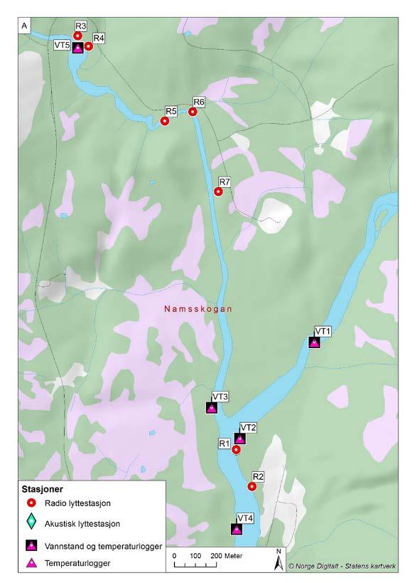 Figur 8. Område for merkestudier av småblank ved Snåsamoen og Mellingselva som ble undersøkt i perioden august 2014 -januar 2016. R1 og R2: Snåsamoen.