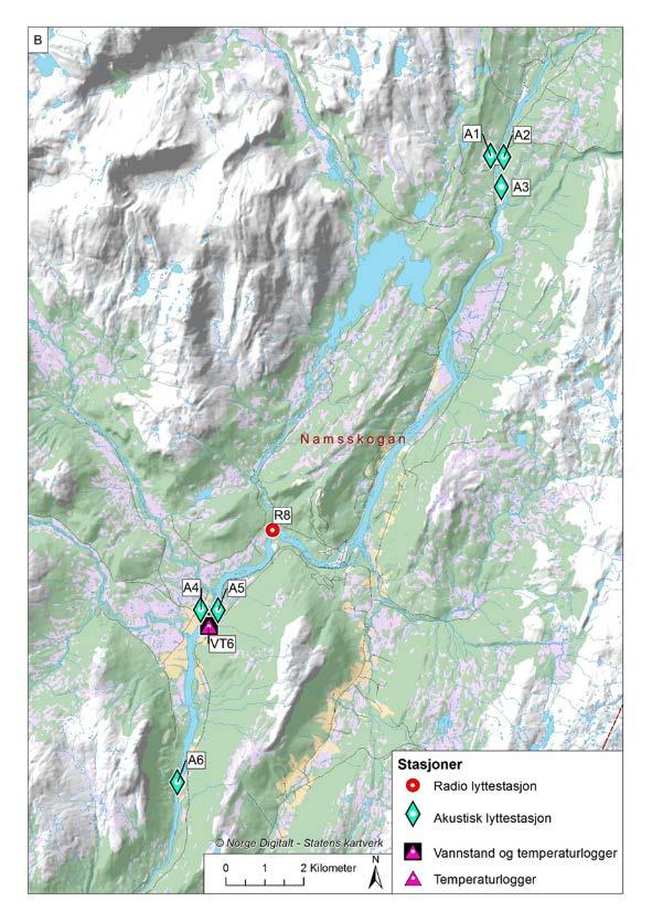 Figur 9. Område for merkestudier av småblank mellom Bjørnstad og Fossheim som ble undersøkt i perioden august-desember 2015. A1 og A2: Bjørnstad bru.