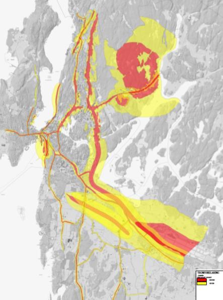 Hensynssoner, rød og gul støysone i plankartet med tilhørende bestemmelser.