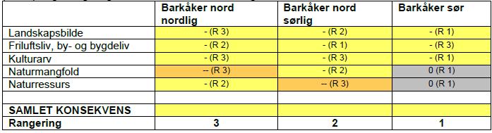 Figur 9 Sammenstilling av ikke-prissatte temaer. Tabellen (R+tall) angir rangeringen for alternativet for hvert fag (planbeskrivelsen).