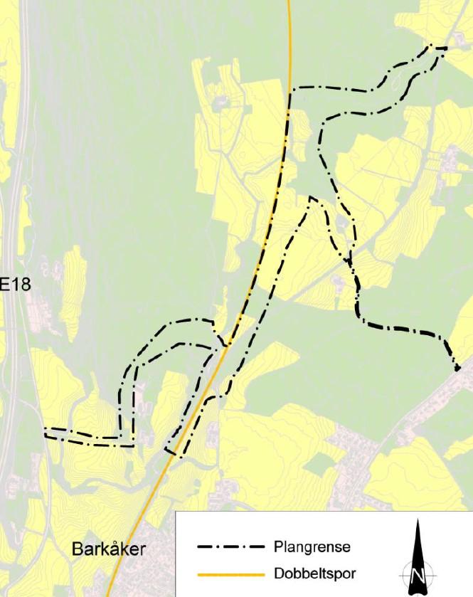 Figur 2 Hensettingsanlegg med forslag til plangrense Barkåker nord nordlig (planbeskrivelsen).