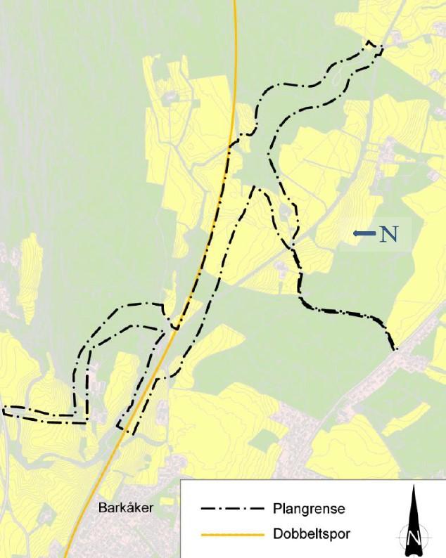 Figur 4 Hensettingsanlegg med forslag til plangrense Barkåker nord sørlig (planbeskrivelsen).