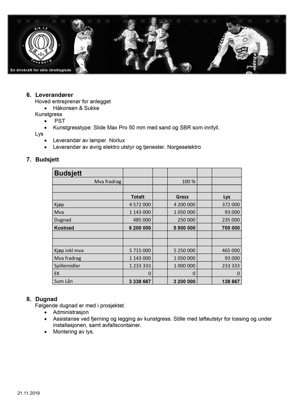 6. Leverandører Hoved entreprenør for anlegget Håkonsen & Sukke Kunstgress PST Kunstgresstype: Slide Max Pro 50 mm med sand og SBR som innfyll. Lys Leverandør av lamper.