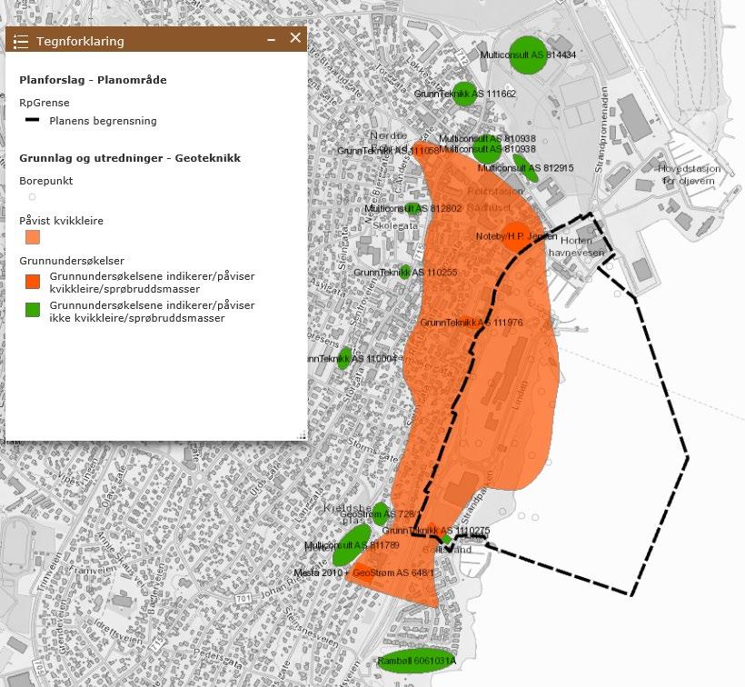 4.7 Grunnforhold og forurensing Figur 12: Kartet viser påvist kvikkleiresone i Horten. Området har delvis ustabile grunnforhold med sensitiv leire.