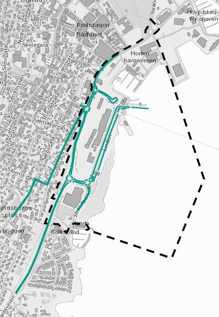 4.8 Trafikk og støy Atkomst til området skjer fra Midgardsveien og Strandpromenaden. Det er i dag tre atkomster; rundkjøring ved Linden park gir atkomst til de sørlige områdene og fergeleiet.