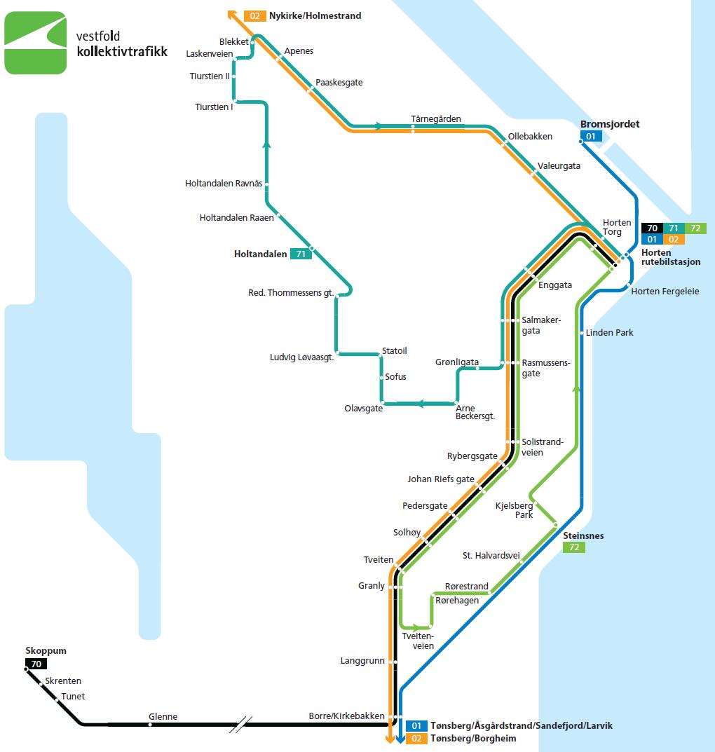 Figur 15: Linjekart over kollektivtransporten i Horten (Kilde: Vestfold kollektivtrafikk) Rute 01 har en frekvens på 2 busser i timen i hver retning fra morgen til ettermiddag og 1 buss i timen på